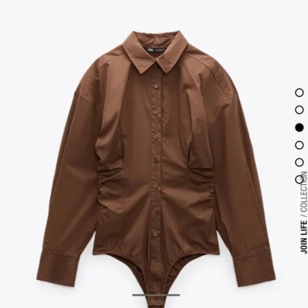 Zara Brown Fitted Poplin Shirt Bodysuit Button Down Long Sleeve